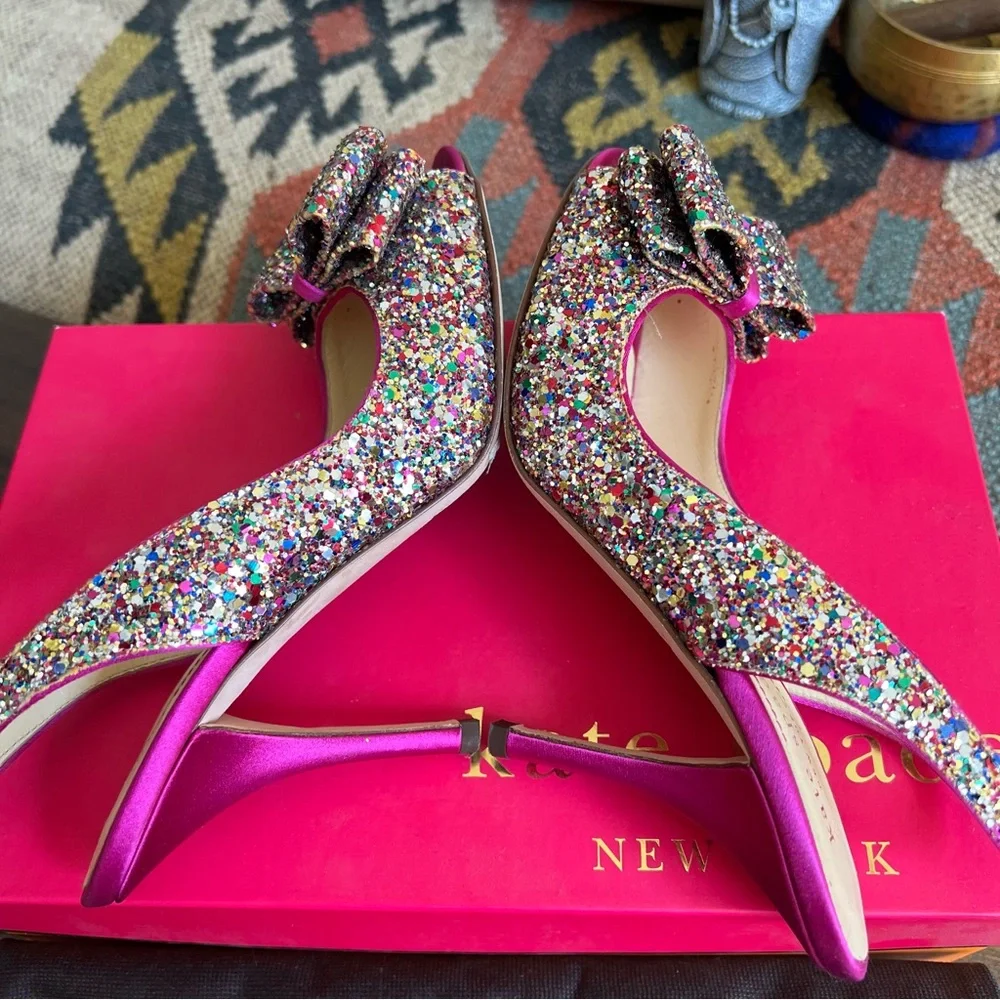 Kate Spade Charm Glitter/Sparkle Hot Pink Slingback Heels Box & Dust Bag US6 - Picture 12 of 16